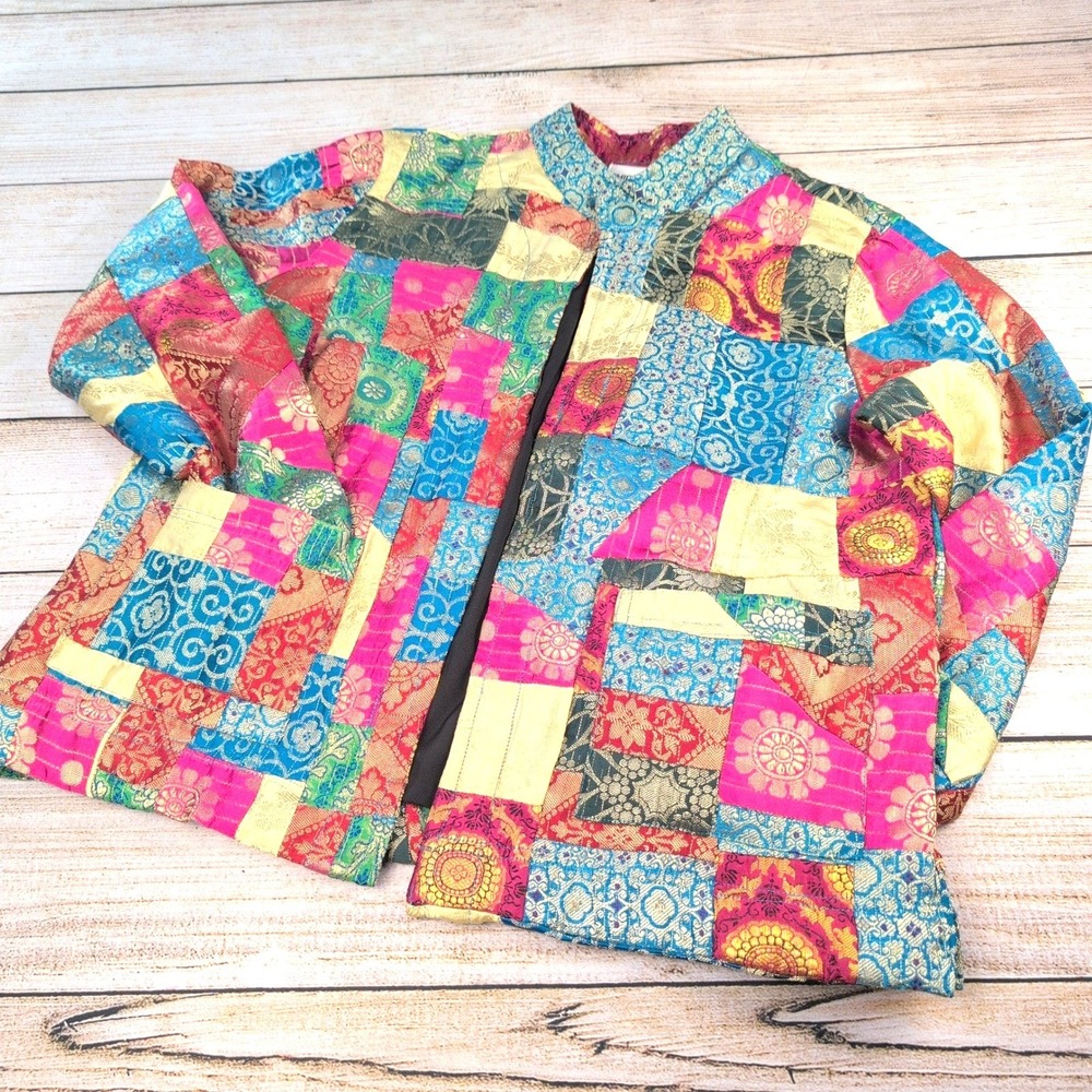 Chicos Womens Size 1 Patchwork BOHO Metallic Brocade Open Front Mandarin Jacket